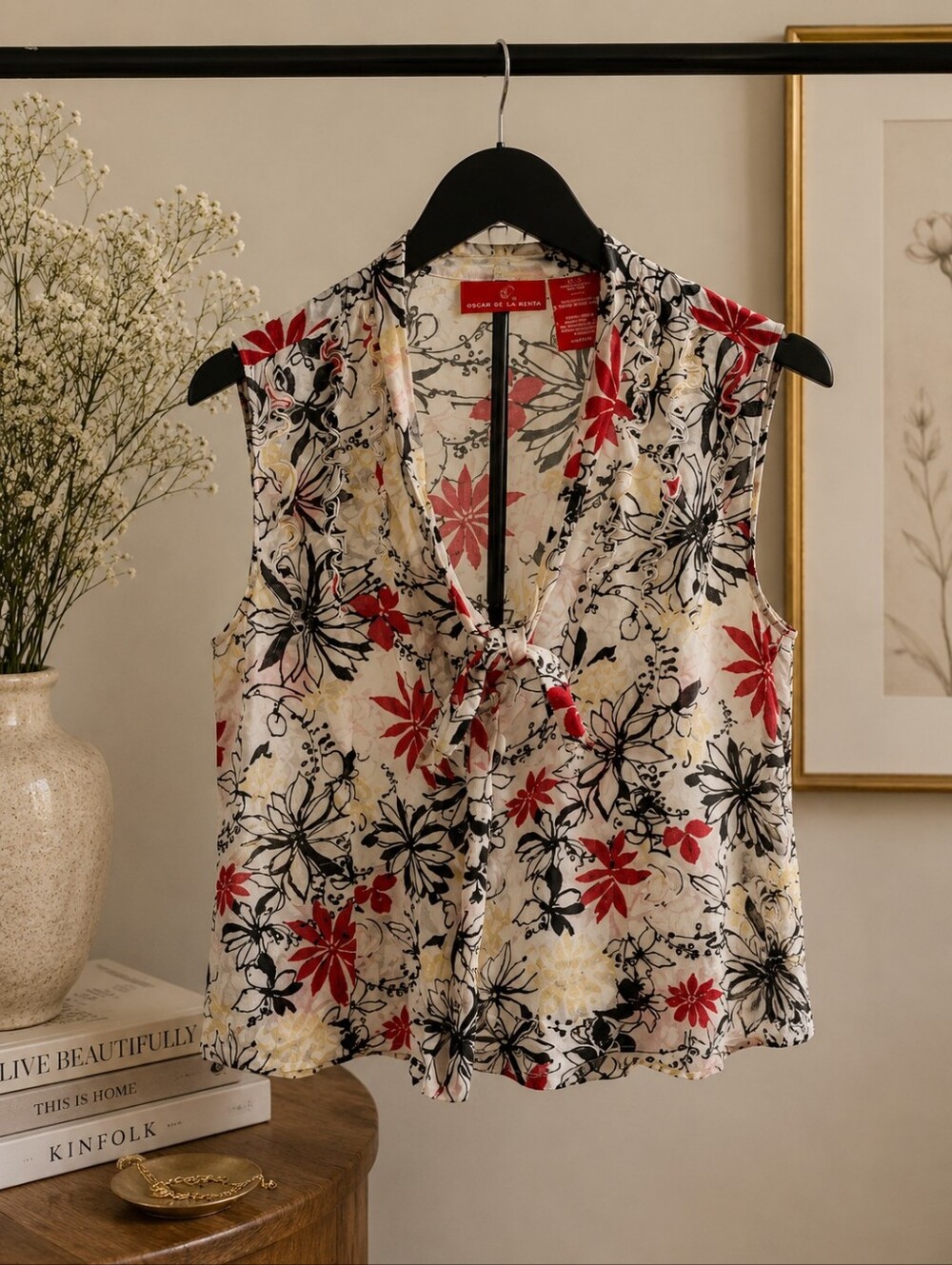 Oscar de la Renta Silk Floral Tie Front Blouse Red Black Cream